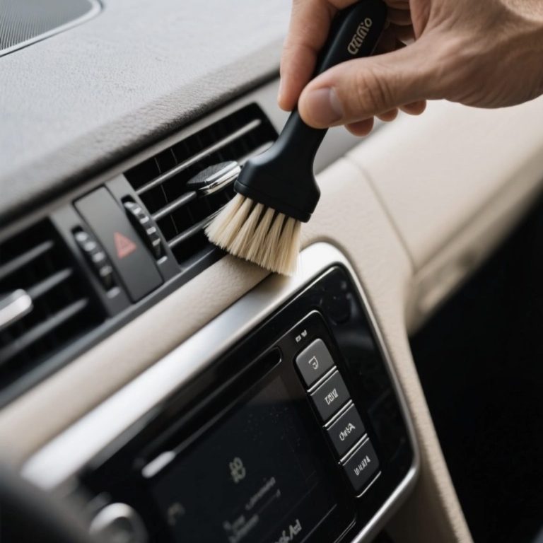 Un main nettoie les aérateurs d'une voiture avec une brosse.