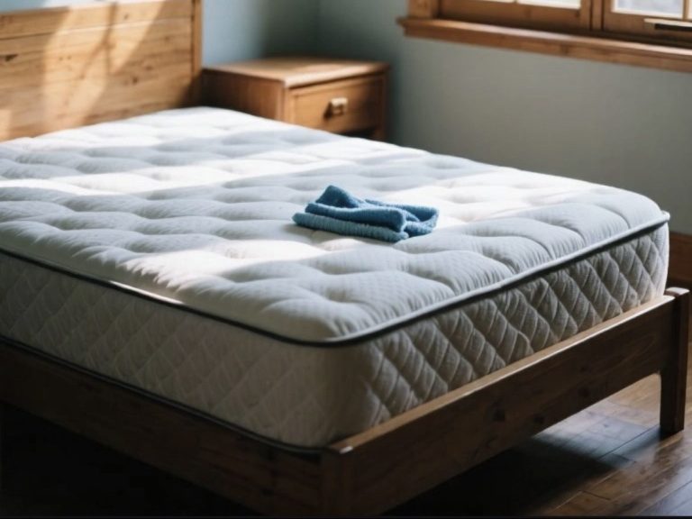 Matelas sur un cadre en bois avec une serviette bleue pliée dessus, près d'une fenêtre.