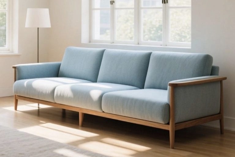 nettoyage canapé 1-3 places Canapé moderne bleu en tissu, avec des accoudoirs en bois et un éclairage doux à proximité.