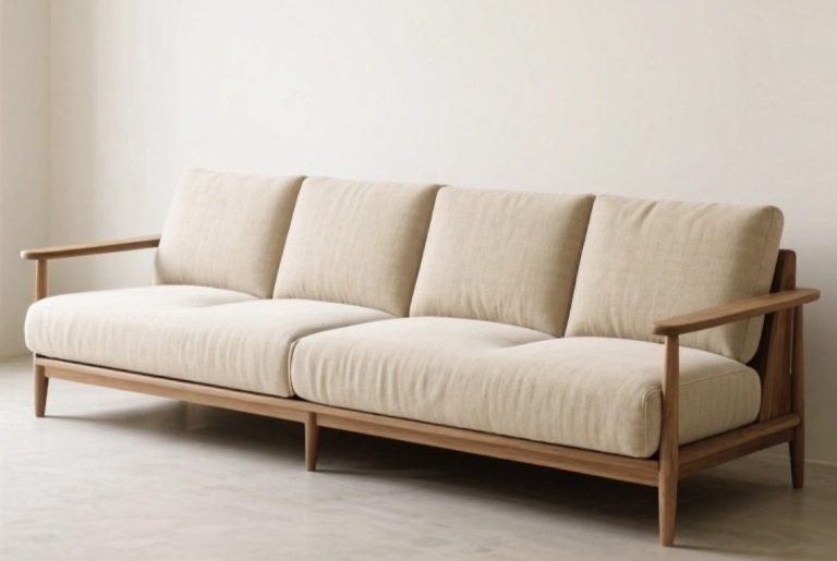 nettoyage canapé 4 places Canapé beige en tissu, avec structure en bois, trois places, style moderne et épuré.